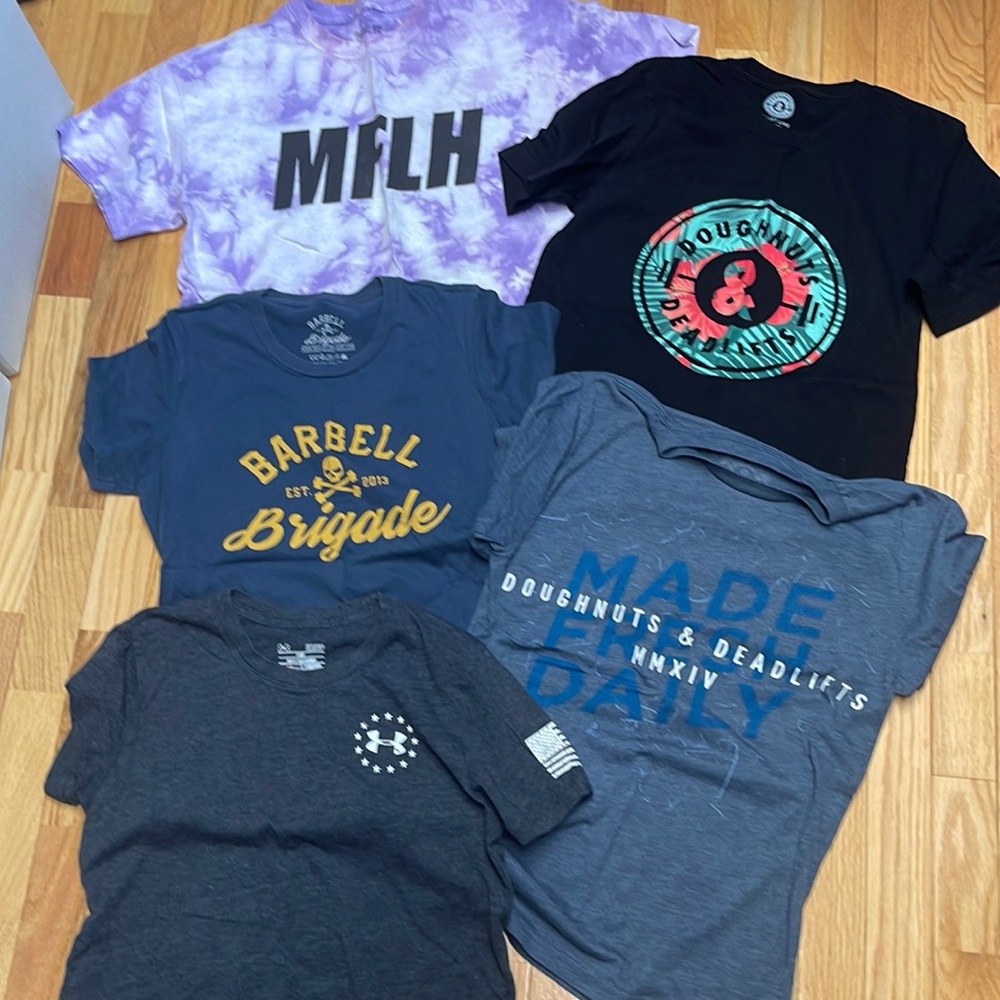 FIVE Workout Shirts MFLH Doughnuts and Deadlifts Barbell Brigade Under Armour